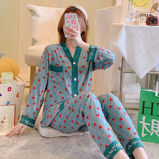 睡衣女春秋季长袖长裤棉绸薄款公主风V领绵绸两件套夏天家居服