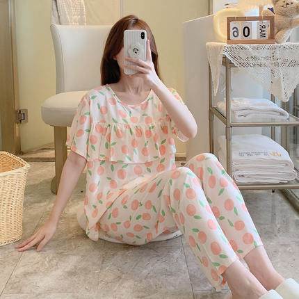 防凸点棉绸睡衣女夏季薄款短袖长裤甜美套装人造棉大码外穿家居服