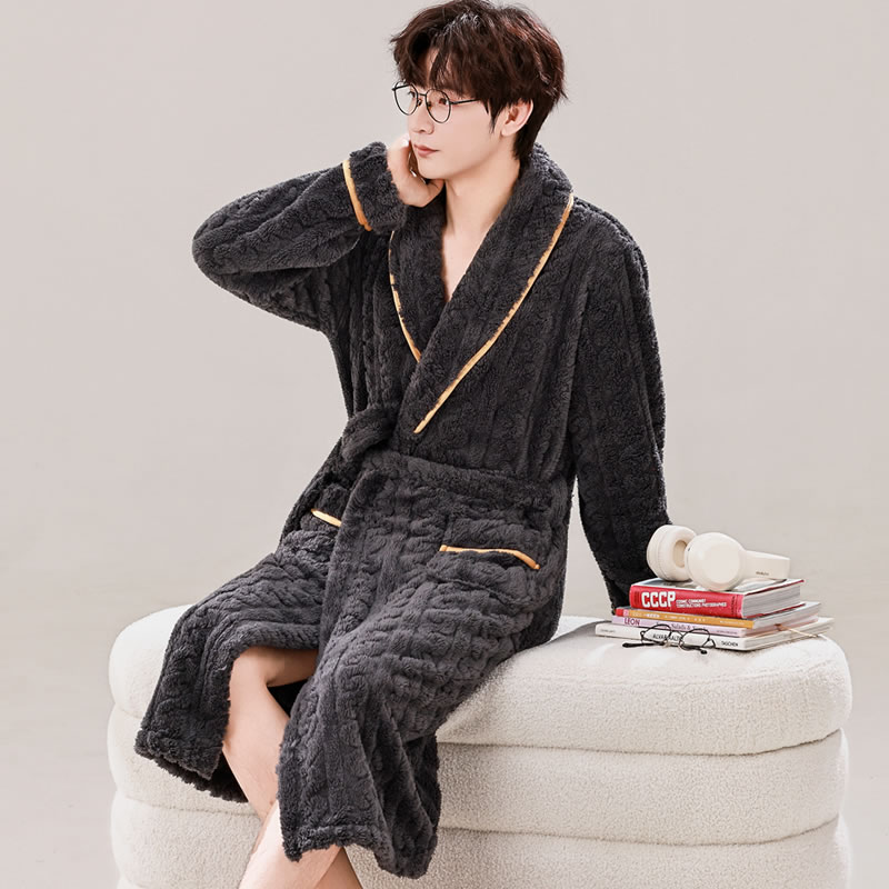大码睡袍浴袍男士秋冬保暖珊瑚绒浴衣长袍加厚长款法兰绒睡衣长袖