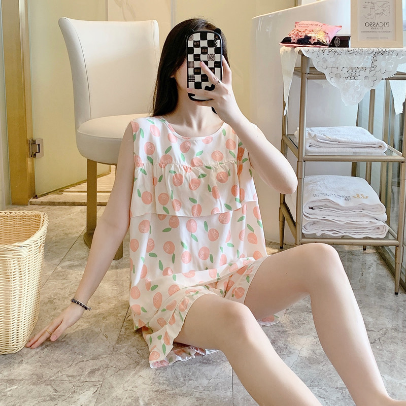 防凸点夏季无袖背心棉绸睡衣短袖两件套装女士夏薄款人造棉家居服