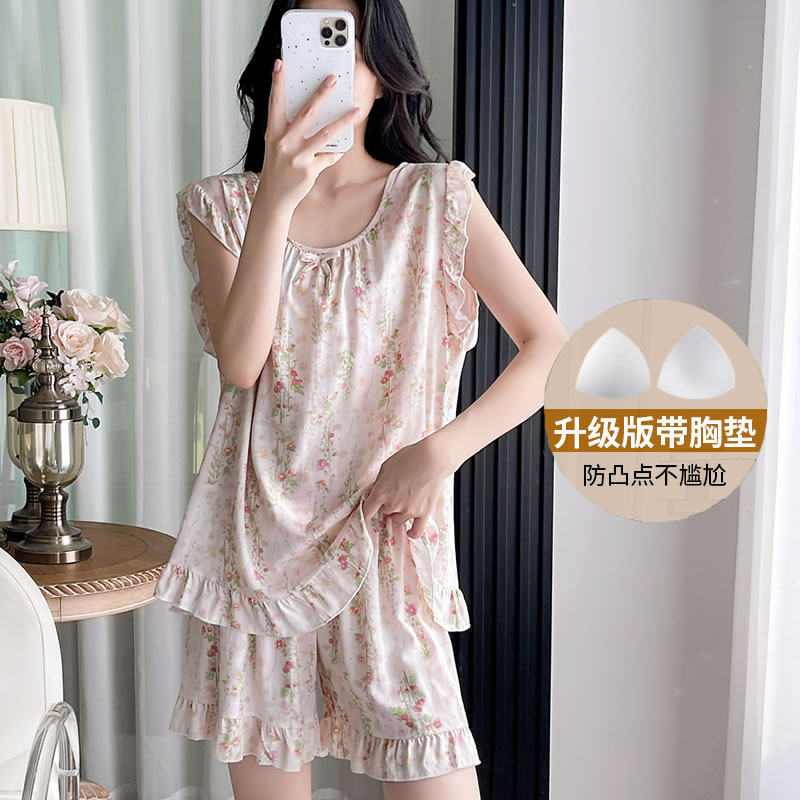 带胸垫棉绸睡衣女套装家居服
