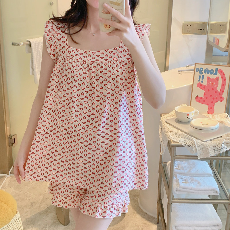睡衣女夏季棉绸短袖短裤薄款公主风女款2026新款夏款一字领家居服