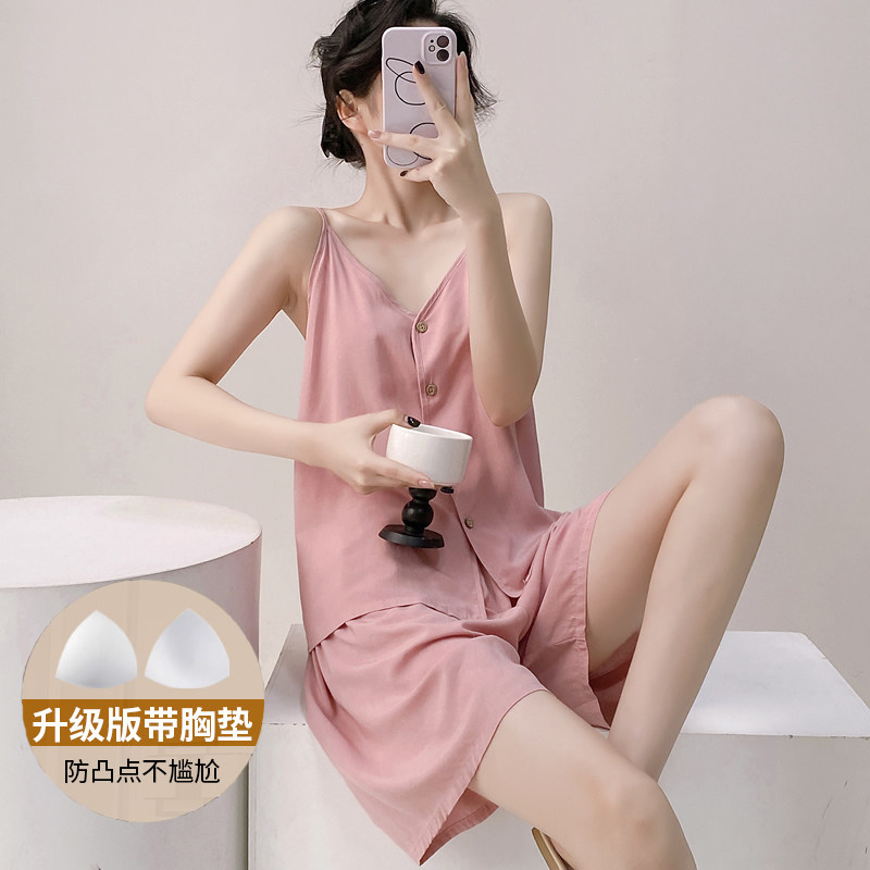 带胸垫棉绸吊带短裤睡衣女夏季透气性感可外穿女生居家绵绸睡衣