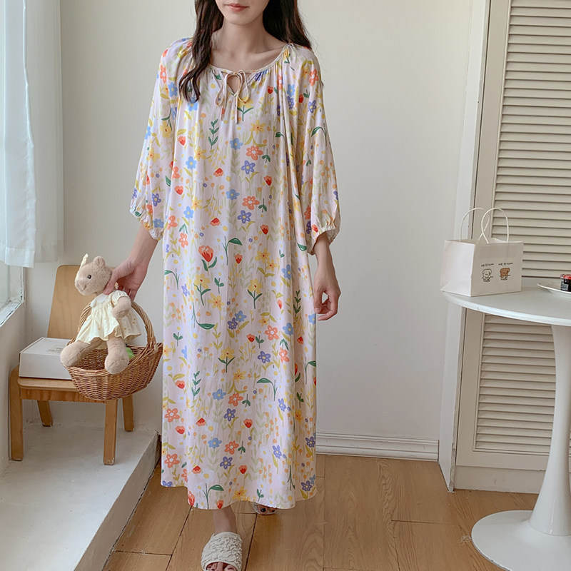 棉绸睡裙女生甜美可爱田园风蝴蝶系绵绸人棉大码裙日系中长款睡衣