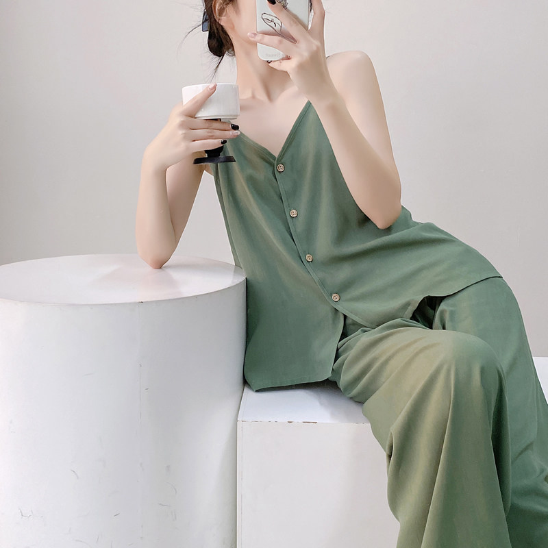 夏人造绵绸睡衣女吊带九分裤