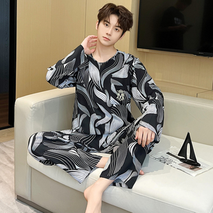 睡衣男春秋季长袖棉绸条纹青少年秋天薄款绵绸初中学生家居服套装