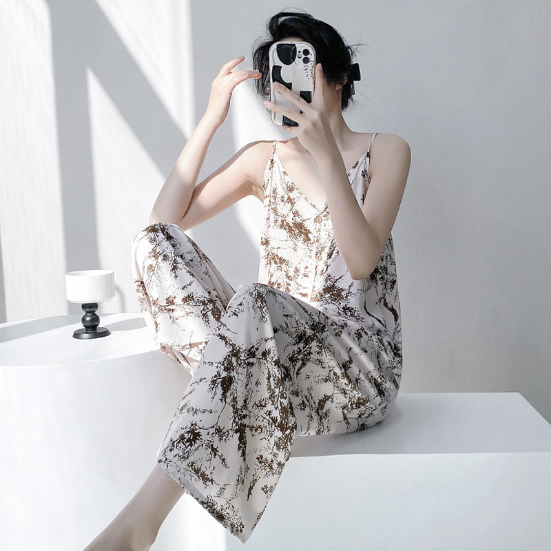 无袖吊带长裤夏季睡衣女棉绸可外穿开衫宽松家居服中青年绵绸简约
