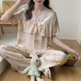 夏天2025年新款 女士家居服两件套装 夏季 夏款 绵绸短袖 棉绸睡衣女款