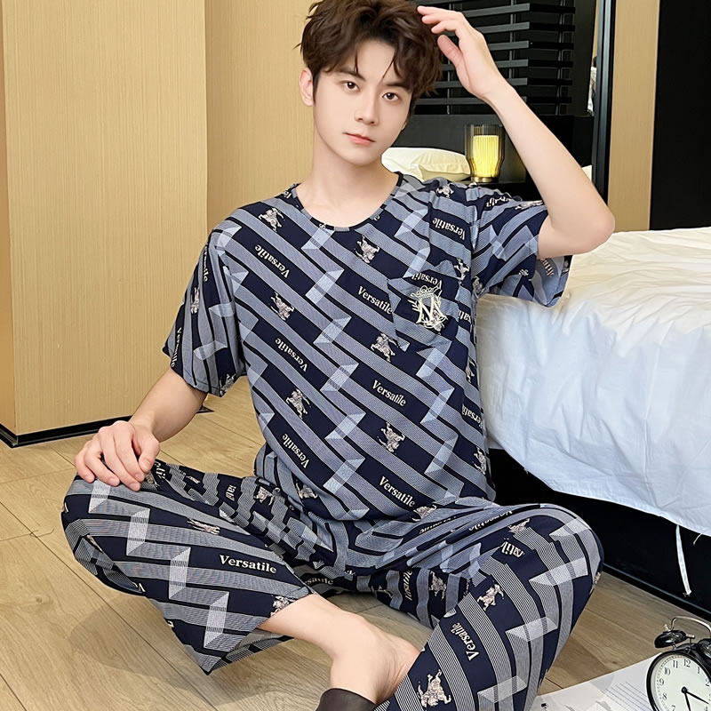 棉绸男士睡衣夏季薄款短袖菱形印花长裤绵绸套装加肥加大码家居服