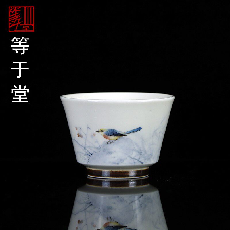 等于堂柴烧景德镇陶瓷新品小芳手绘花鸟茶杯精品主人杯仿古品茗杯