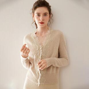 外套女流苏时尚 女V领蕾丝花边针织开衫 洋气毛衣 山羊绒衫 秋冬新款