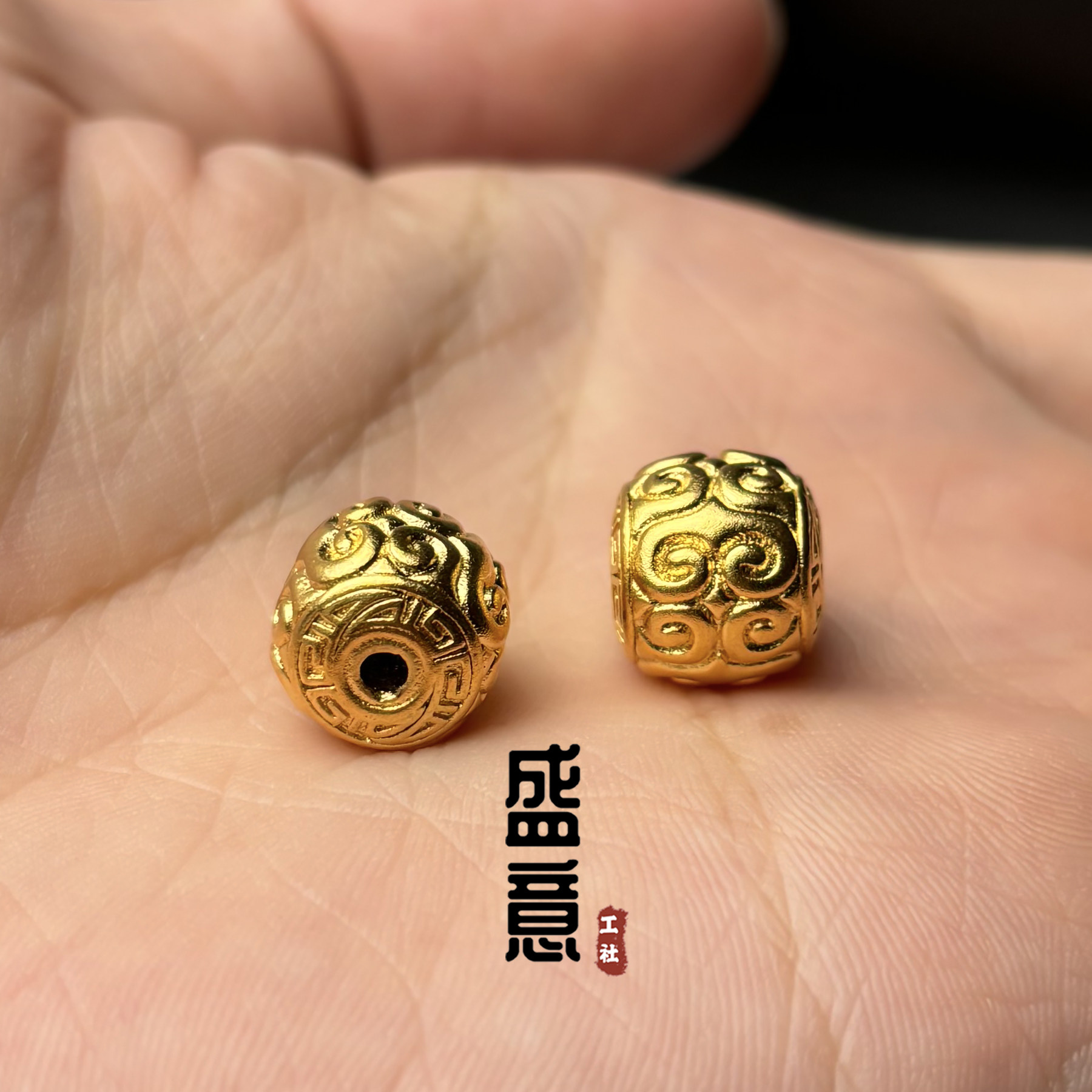 古法24K工艺黄金色925回纹老型桶珠锁骨项链佛珠手串配饰