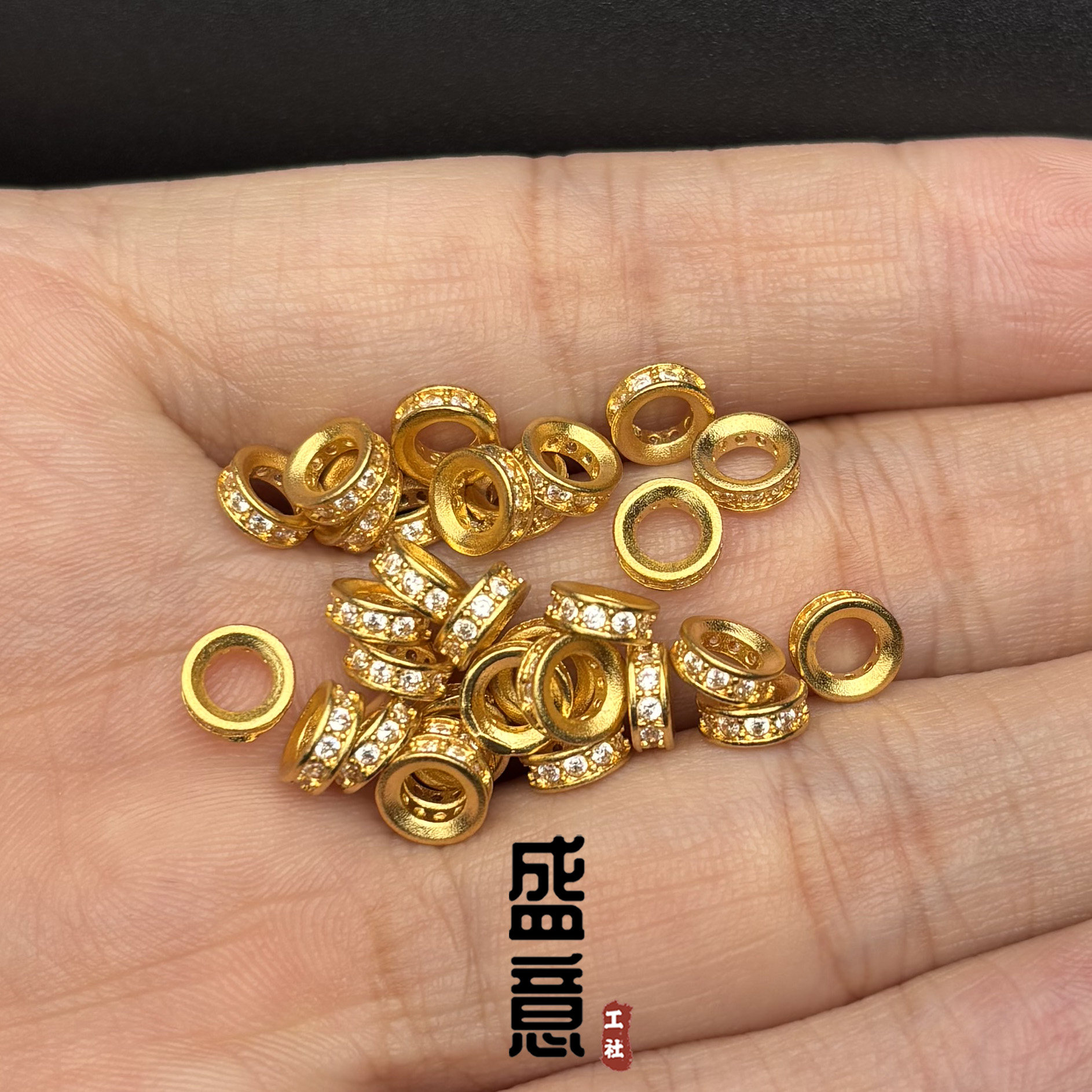 古法24K工艺黄金色925镶钻隔片跑环卡环文玩手串配珠配饰垫片图片