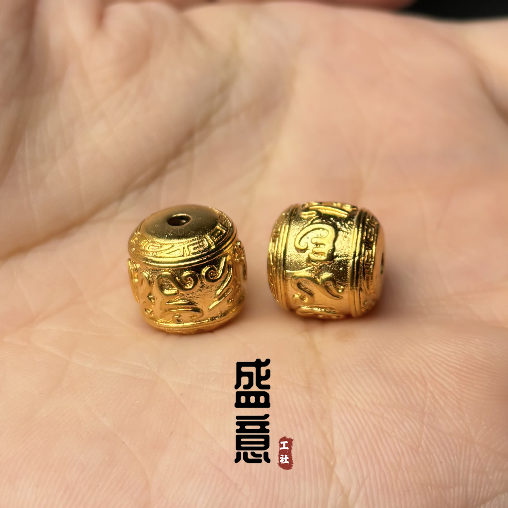 古法24K工艺黄金色925六字真言老型桶珠锁骨项链佛珠手串配饰