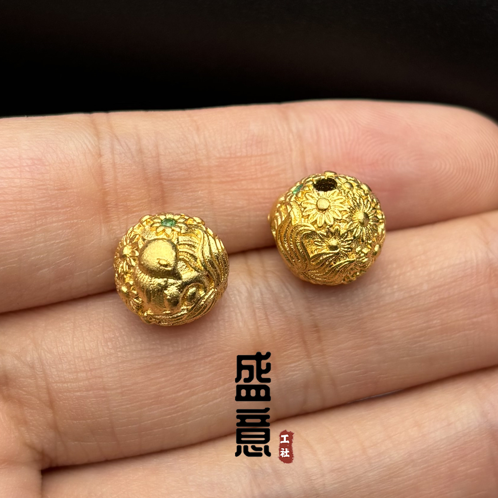 古法24K工艺黄金色绿钻九尾狐圆珠隔珠文玩手串手持念珠diy配饰