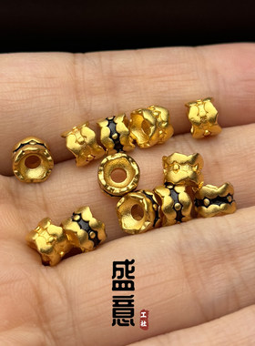 古法24K工艺黄金色并蒂莲花爱心隔珠线束弟子珠文玩配珠diy配饰