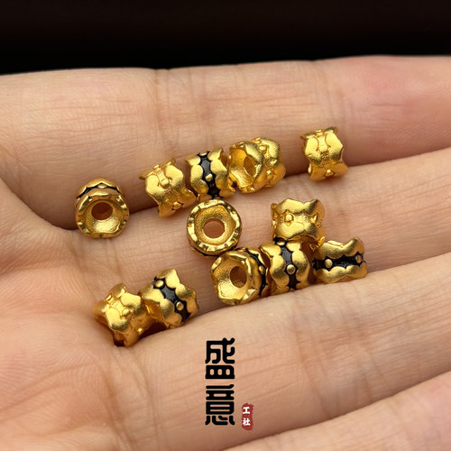 古法24K工艺黄金色并蒂莲花爱心隔珠线束弟子珠文玩配珠diy配饰