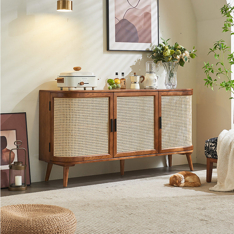 藤编匠师侘寂风复古客厅实木三门藤编柜储物柜日式餐边柜玄关柜子,住宅家具,餐边柜,淘宝优惠券,粉丝福利购,淘宝优惠卷