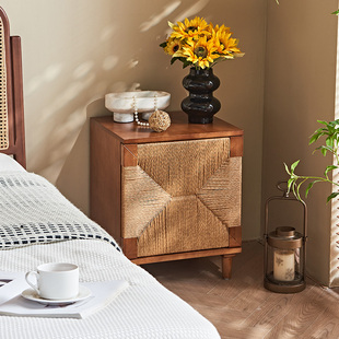 实木床头柜现代简约卧室收纳储物柜藤编小户型家用迷你小型置物架