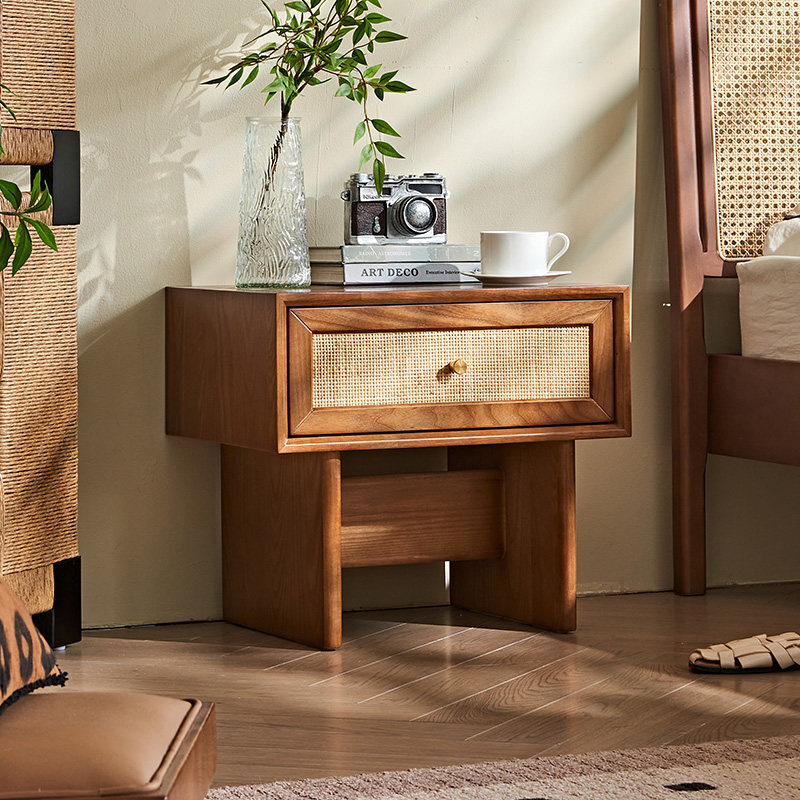 北欧民宿侘寂风实木藤编床头柜日式小边柜家具小收纳储物柜床头柜