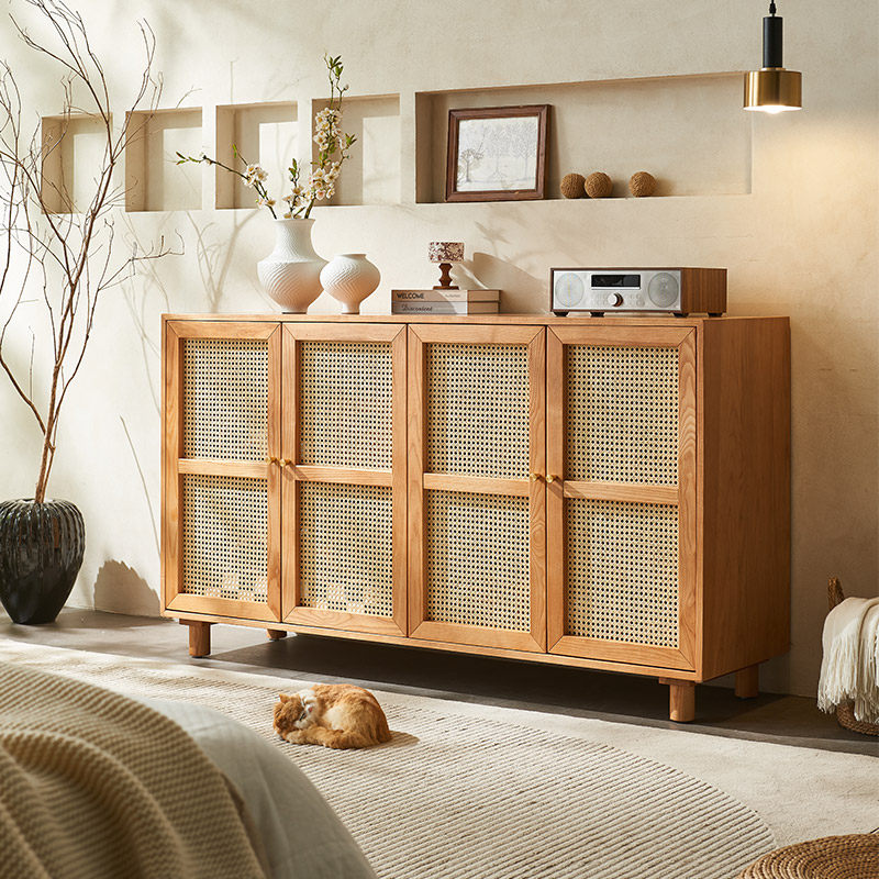 日式ins实木储物柜藤编多功能收纳柜家用小户型白蜡木简约餐边柜,住宅家具,餐边柜,淘宝优惠券,粉丝福利购,淘宝优惠卷