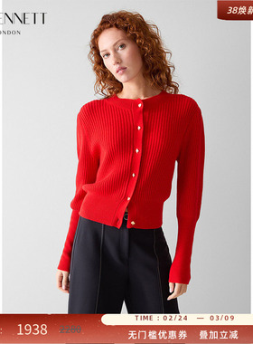 LK BENNETT红色修身坑条针织开衫女2026年春新款泡泡袖圆领优雅