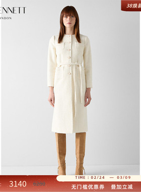 LK BENNETT米色大衣女2025年冬季圆领小香风粗花呢中长款系带外套