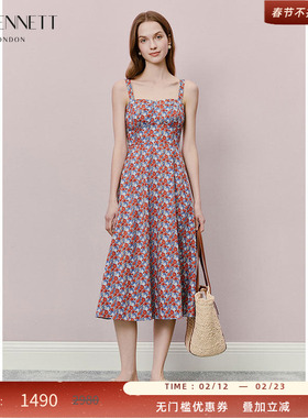 LK BENNETT红色印花连衣裙2025年夏新款显瘦气质小香风碎花吊带裙