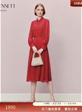 LK BENNETT红色波点连衣裙女年冬新款法式收腰衬衫裙百搭通勤