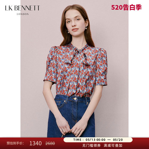 LK BENNETT红色印花上衣夏新款系带领短袖法式优雅衬衫