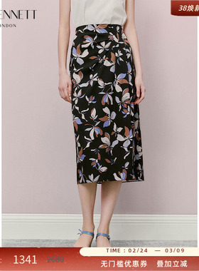 LK BENNETT黑色印花半身裙2025夏季新款法式优雅a字中长款开衩设