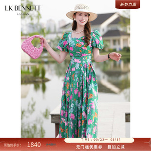 褶裥设计方领 纯棉泡泡袖 BENNETT绿色印花连衣裙夏新款