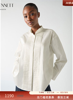 LK BENNETT白色纯棉上衣2025年春夏新款立领压褶设计落肩宽松衬衫