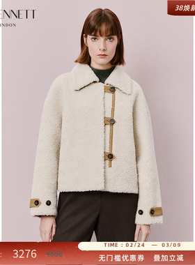 LK BENNETT米白色100%绵羊毛外套2025冬新款皮革扣英伦风宽松短款