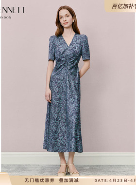 LK BENNETT深蓝色渐变印花连衣裙V领抽褶收腰法式复古桑蚕丝混纺