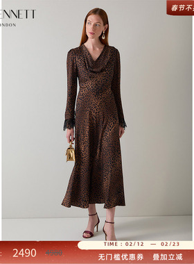 LK BENNETT袖口蕾丝豹纹连衣裙2025年秋新款V型堆领收腰中长款裙
