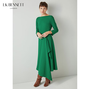 LK BENNETT绿色连衣裙女新款春季一字领不规则时尚设计感长裙