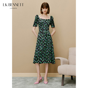 LK BENNETT绿色印花连衣裙女新款夏季法式方领收腰显瘦茶歇裙