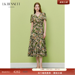 油画感收腰V领 桑蚕丝混纺法式 BENNETT深绿印花连衣裙2026夏季