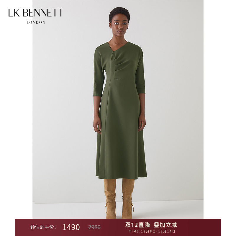 lkbennett深绿色连衣裙女2025年秋新款不规则领七分袖褶裥中长款