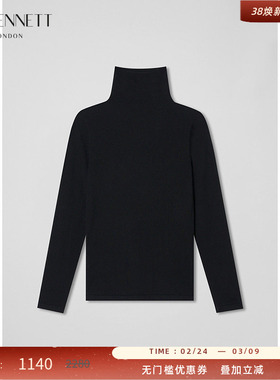 LK BENNETT黑色绵羊毛桑蚕丝混纺针织衫2025冬季百搭高领打底衫