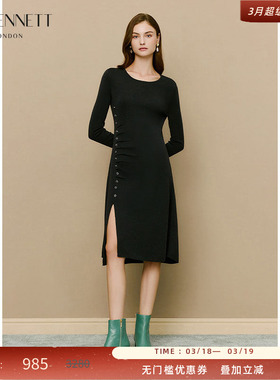 LK BENNETT黑色绵羊毛连衣裙女冬新款排扣设计感开叉中长裙