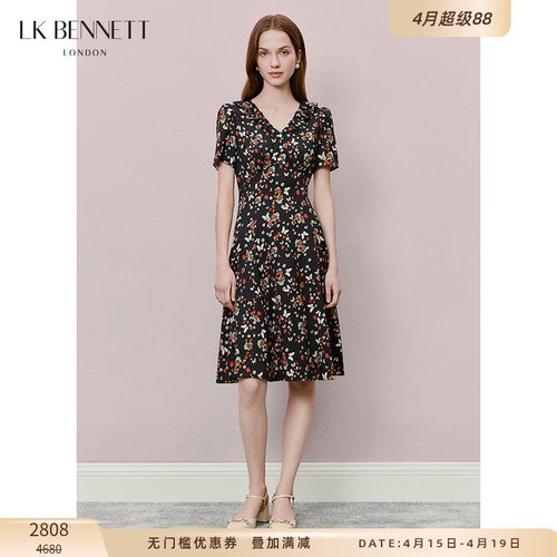 夏季法式复古黑色碎花连衣裙