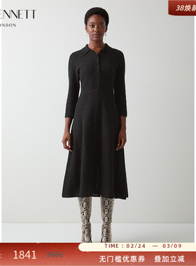 LK BENNETT黑色针织连衣裙2025冬季新款POLO翻领收腰修身显瘦通勤