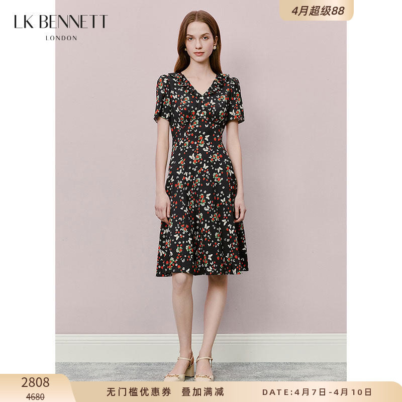 LK BENNETT黑色碎花连衣裙夏新款v领法式复古荷叶边真丝混纺印花