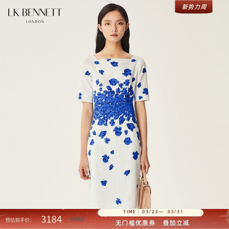 LK BENNETT蓝色印花气质连衣裙女夏季短袖方领修身中长款礼服裙