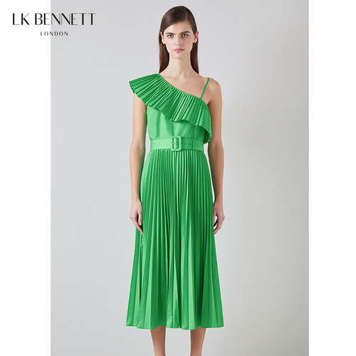 LK BENNETT绿色斜肩连衣裙女夏新款荷叶边无袖细吊带礼服百褶