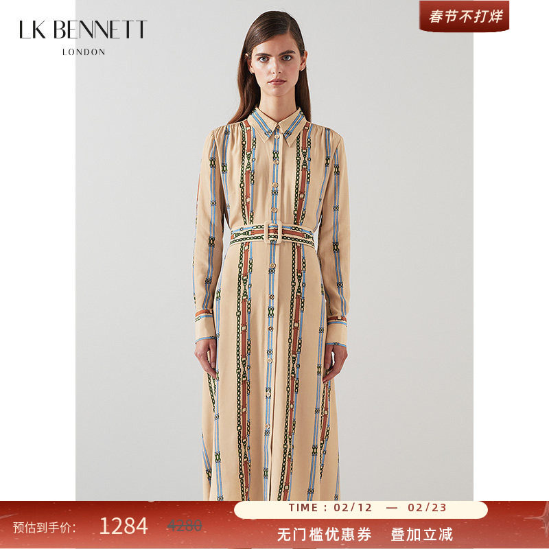 LK BENNETT新款真丝连衣裙女春长袖收腰桑蚕丝衬衫裙长裙气质