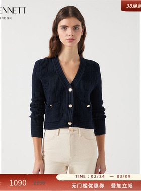 LK BENNETT深蓝色V领针织开衫2025年春新款金属扣口袋设计短款长