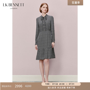 LK BENNETT深蓝连衣裙新款衬衫领珍珠纽扣收腰桑蚕丝真丝连衣裙